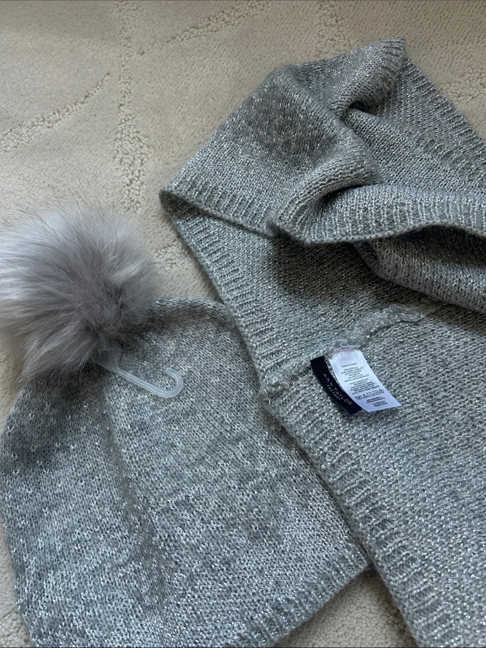 Ann Taylor Factory Silver Gray Knit Scarf and Hat with Pom
